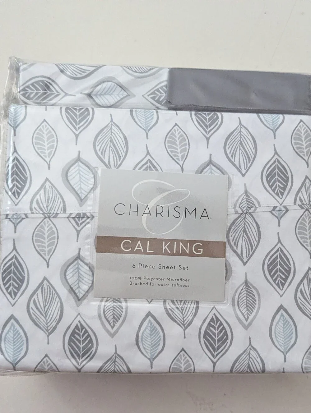 Charisma Microfiber Cal King 6- Piece Sheet Set Leaves Grey
